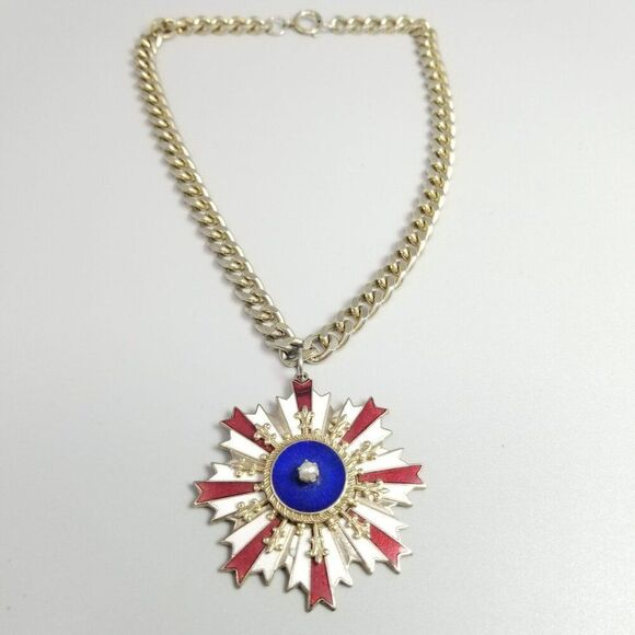 Vintage Red White Blue Enamel Starburst Radiant Pendant Necklace, Fleur De Lis - Picture 1 of 10